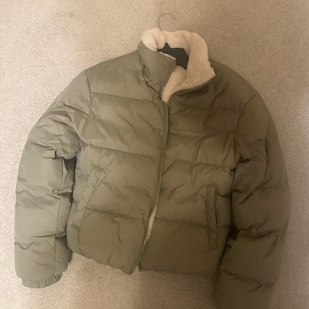 Olive Green Puffer Jacket with Cream Lining